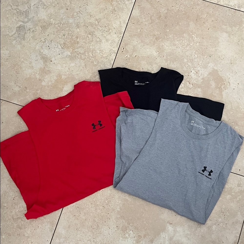 Lot of 3 Under Armour Mens Cutoff Tanks  - Red, Black, Gray